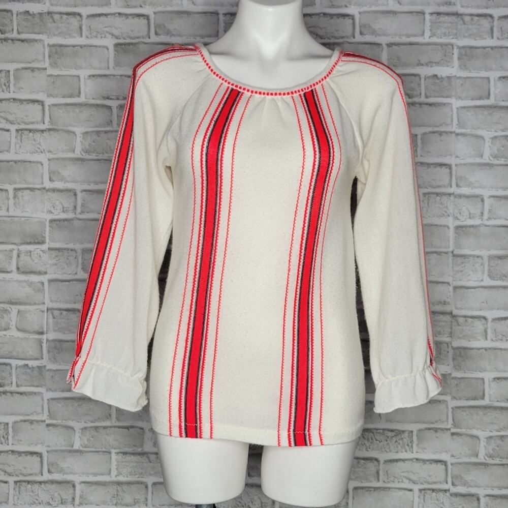 Vintage 70s Cream w Day-Glo Red Striped Knit Sweater Top Boho Folk Pullover, S